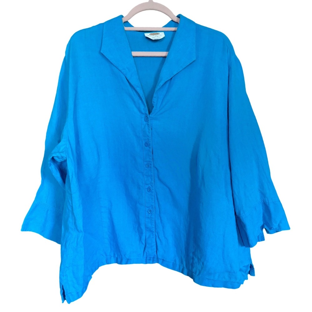 Talbots Irish Linen Shirt Womens Plus 2X Petite Turquoise Button Down 3/4 Sleeve